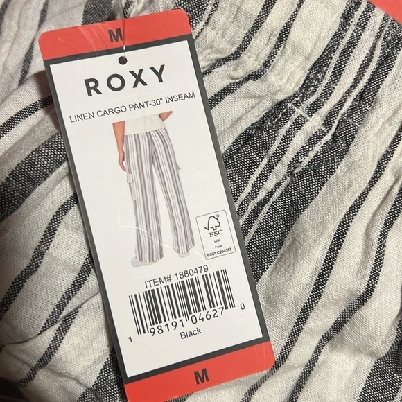 New Roxy Women's Linen Blend Cargo Pant white strips lightweight - Picture 5 of 7